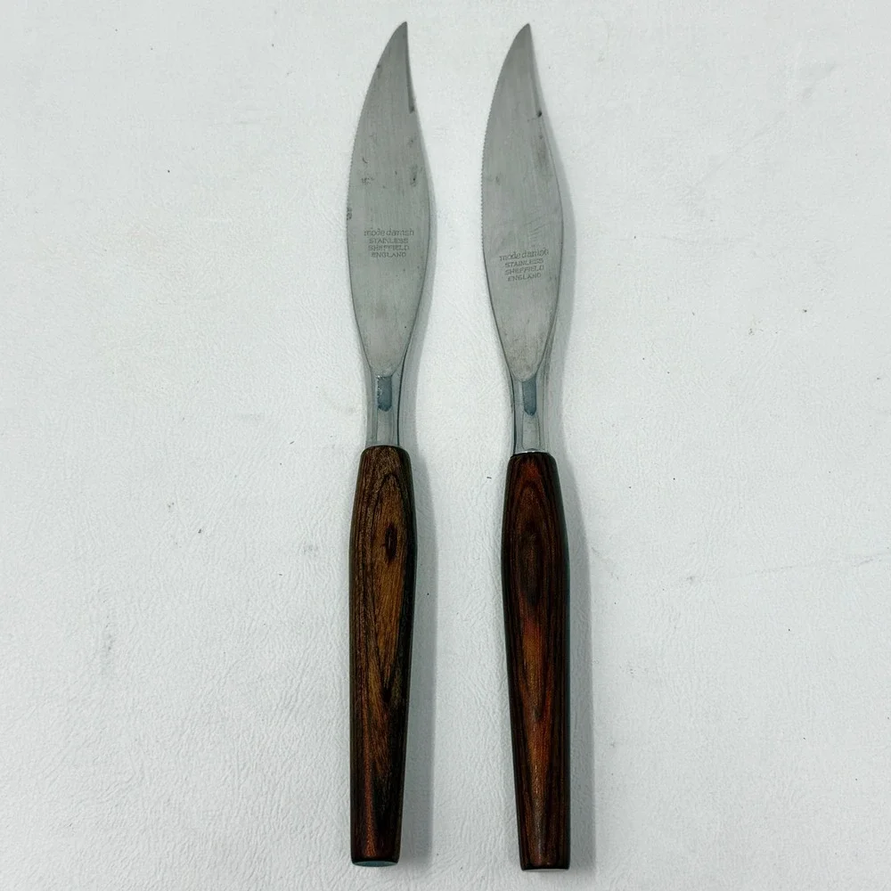Vintage Mode Danish Stainless Sheffield England‎ 5pc Wood Handle Fork Knife Set